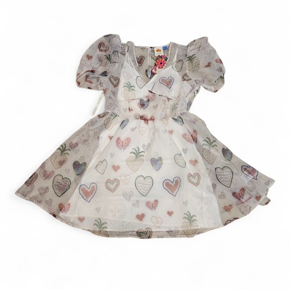 FARM Rio Anthropologie Sheer Heart Puff Sleeve Mini Dress In White Size L NWT - Picture 6 of 12